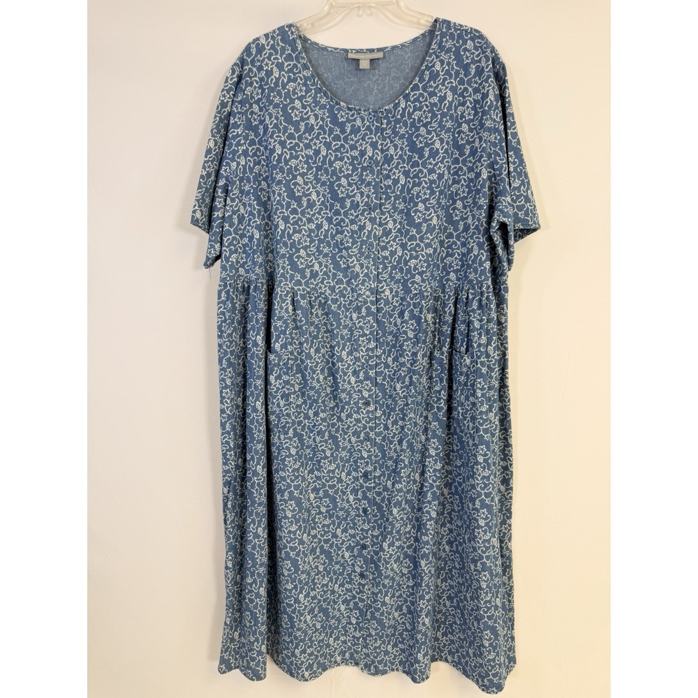 NWOT Woman Within 26W Floral Denim Button Front Cotton Midi Dress Pockets Casual